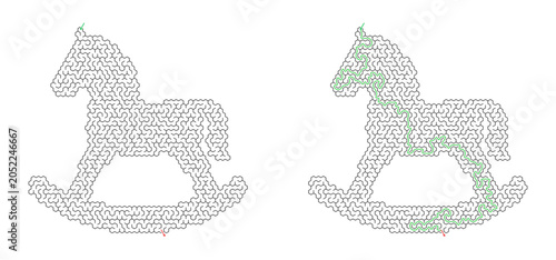 Fotografía Children's vector maze in the shape of a rocking horse with solution on a transp