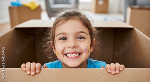 Happy child smiling while playing inside large empty cardboard box during moving day