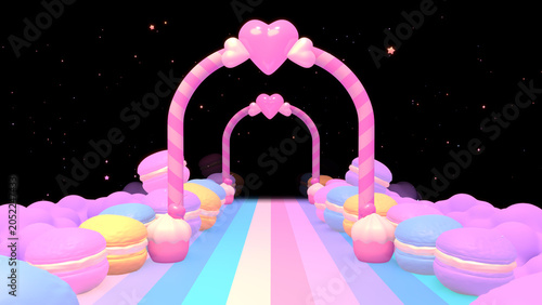 3D render of sweet macaron corridor on a rainbow road.