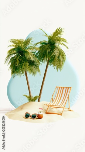 beach retirement still life with striped deck chair, oversized sunglasses and coconut cocktail on a small sandy patch framed by palm trees