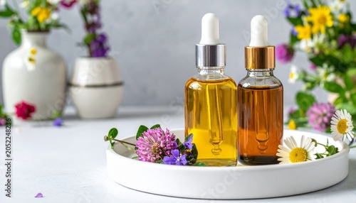 A natural wellness spa still life featuring herbal essential oils, organic perfume, and fresh flowers for body care aromatherapy