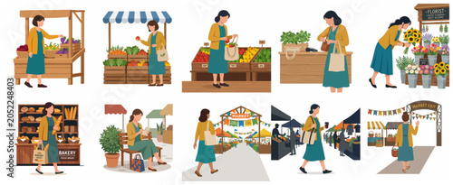 Fotografie Flat vector illustration set of a woman shopping at a local farmers market for f