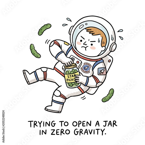 Fotografie Astronaut struggling to open jar of pickles in zero gravity environment