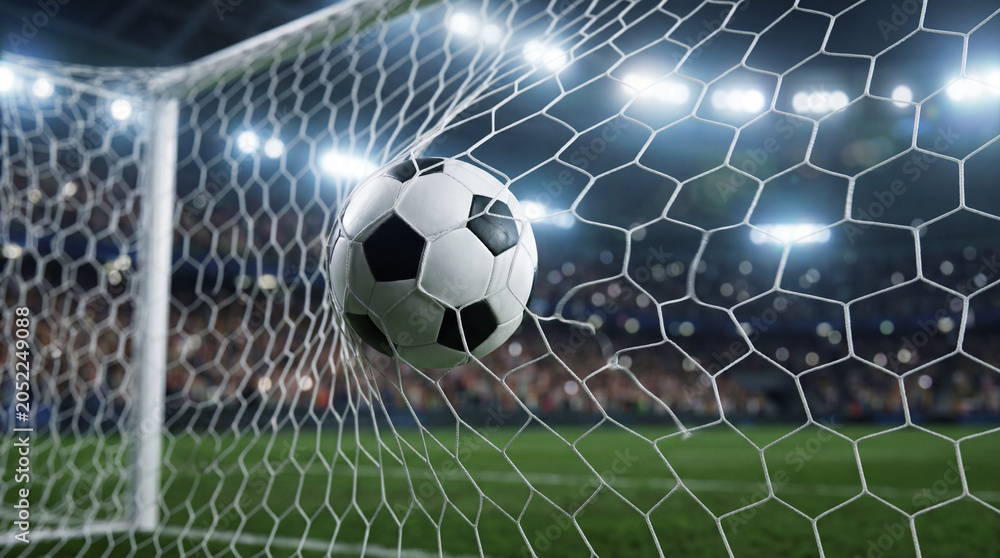 Fototapeta premium Soccer ball in goal net under stadium lights, sports action in empty arena with blurred crowd and green field