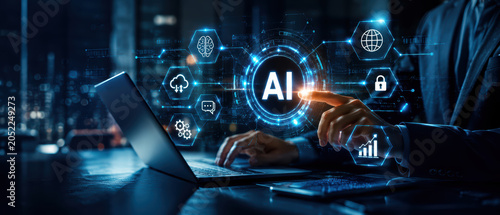 Artificial intelligence laptop hand finger interface technology digital network data computer