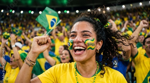 Cheering Brazilian fan close up smiling woman national flag football crowd stadium celebration yellow shirt face paint victory mood happy support