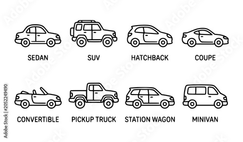 Schilderij op canvas Minimal stylized car body type pictogram vector collection isolated on white