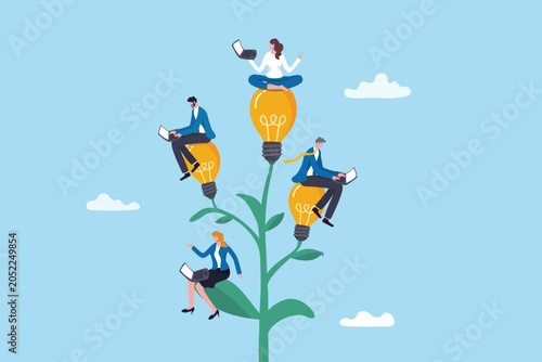 Employee engagement, office growth or brainstorm meeting, teamwork or career development, colleagues collaboration project, business people employees working with computer on growing lightbulb plant.