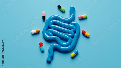 Human digestive system and probiotic capsules for gut health and microbiome concept