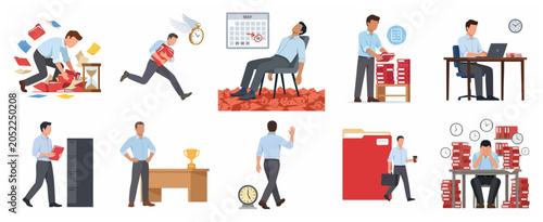Set of business man office work situations including burnout, time management, and workload stress illustrations