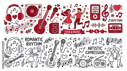 Tableau sur toile Romantic Music and Love Icons Set: Couple, Guitar, Headphones, Microphone, Notes