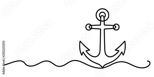 Canvastavla Simple line art drawing of a nautical ship anchor on a wavy ocean line