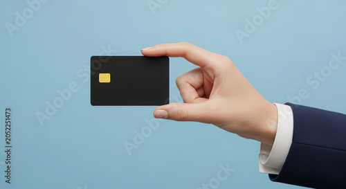 Female hand in a business suit delicately holding a black bank card with a chip on a blue background