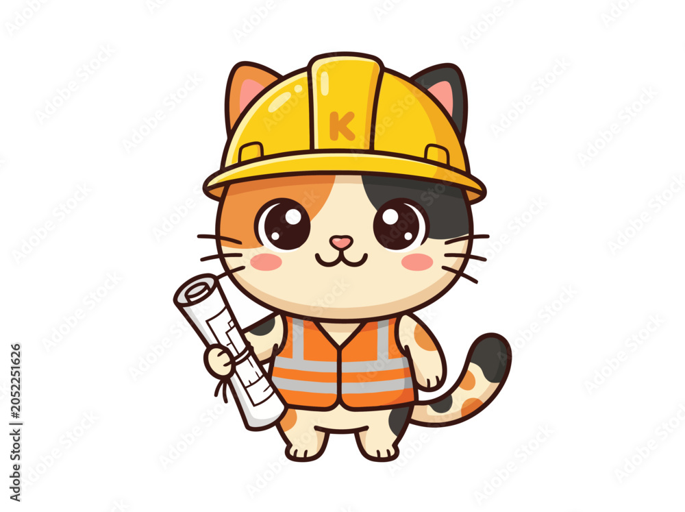Fototapeta premium Cute construction cat mascot wearing safety vest and hard hat holding blueprint for building project on white background