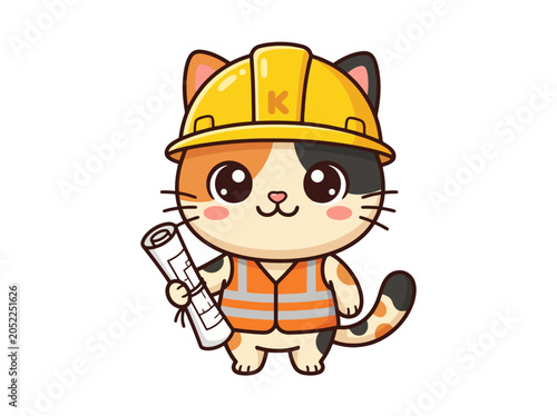 Cute construction cat mascot wearing safety vest and hard hat holding blueprint for building project on white background