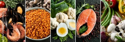 Obraz  z motywem Vibrant Healthy Eating Collage Featuring Varieties of Seafood and High Protein Nutritional Options
