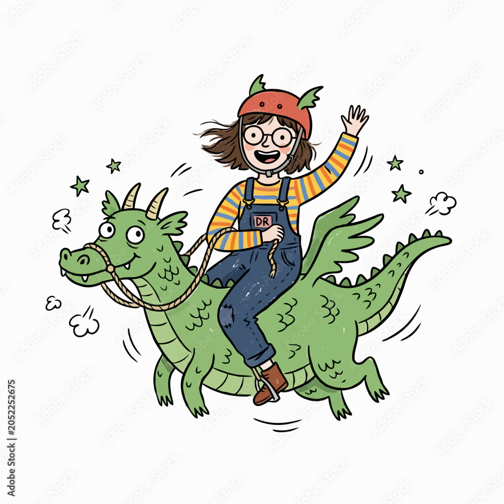 Fototapeta premium Girl waving hand while riding green dragon wearing helmet.