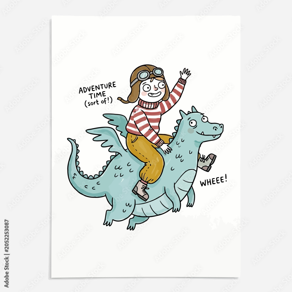 Obraz premium Child flying on a friendly dragon adventure time illustration.