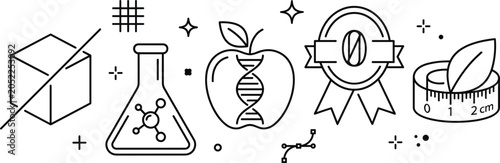 Genetically modified food line art vector illustration set with science research dna apple lab flask and healthy concepts