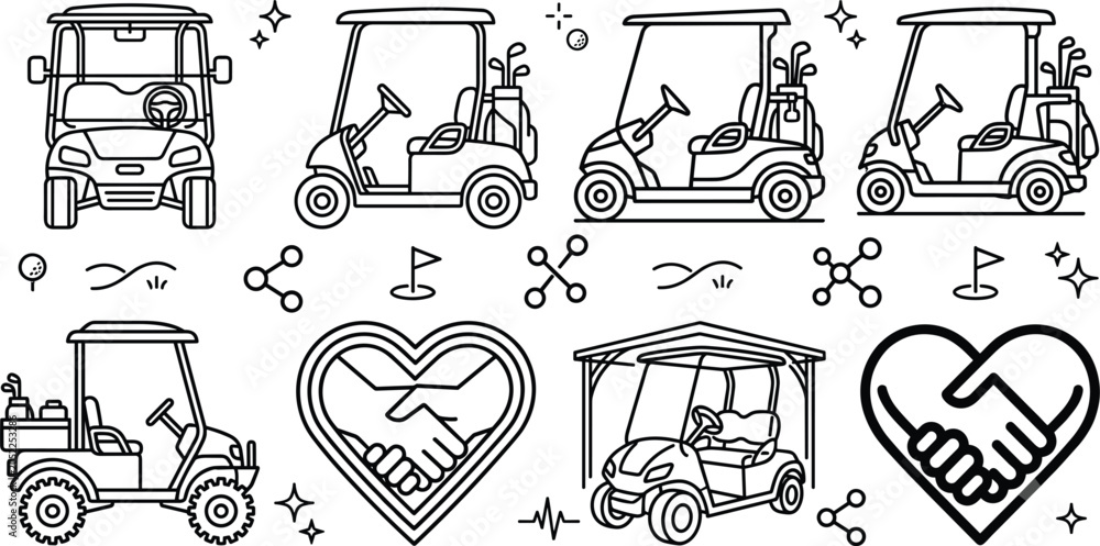 Fototapeta premium Golf cart icon set vector line art minimal style electric buggy transport vehicle sports recreation club elements illustration