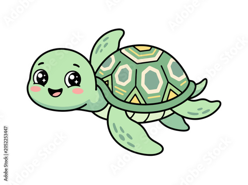 Cute cartoon sea turtle with big sparkly eyes isolated on white background