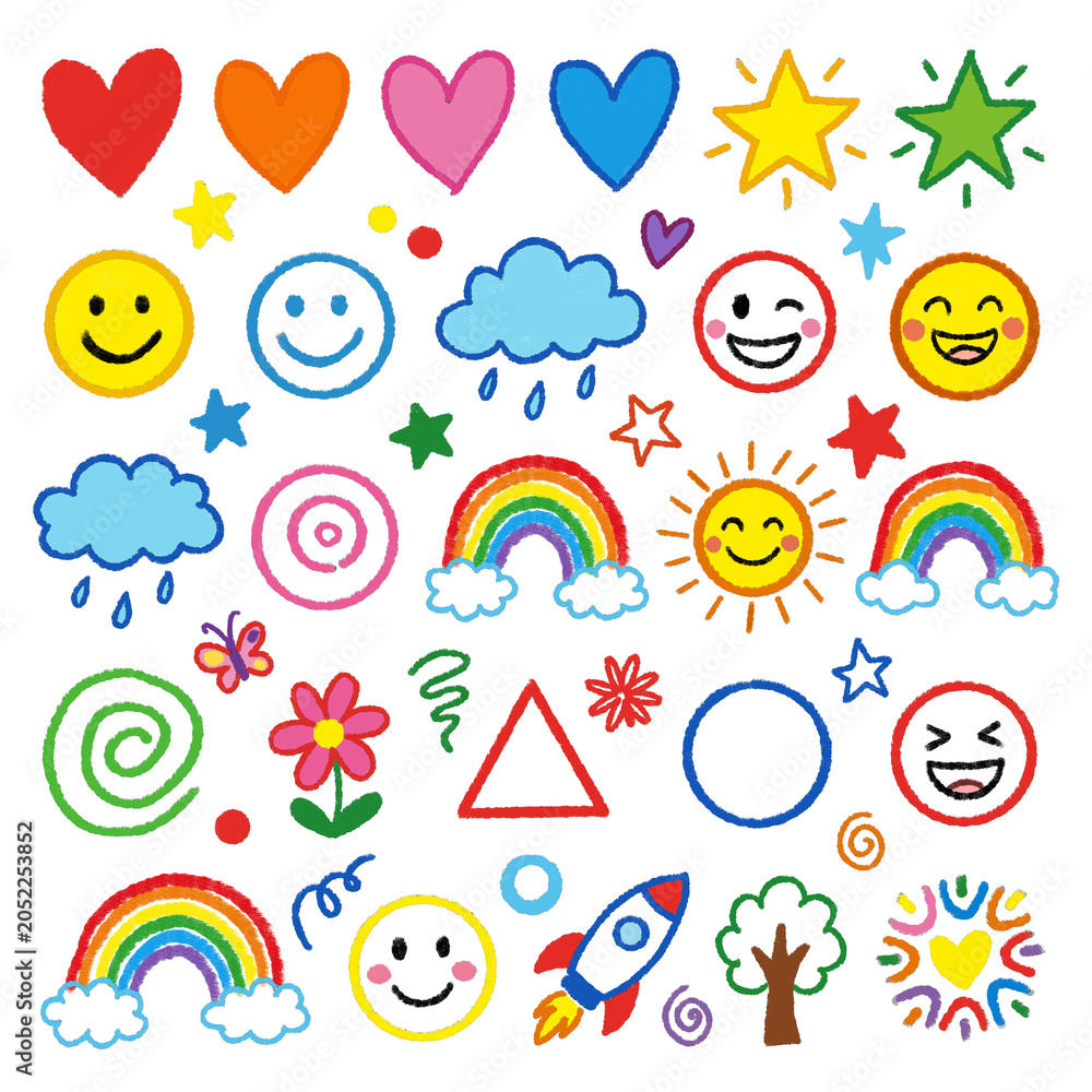 Fototapeta premium Colorful kids hand drawn doodle elements set with happy smile face rainbow sun clouds and stars for cheerful design decoration