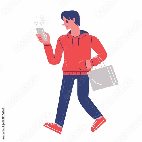Animated boy carrying a shopping bag and looking at a smartphone while searching for signal, illustrating mobile connectivity and modern lifestyle