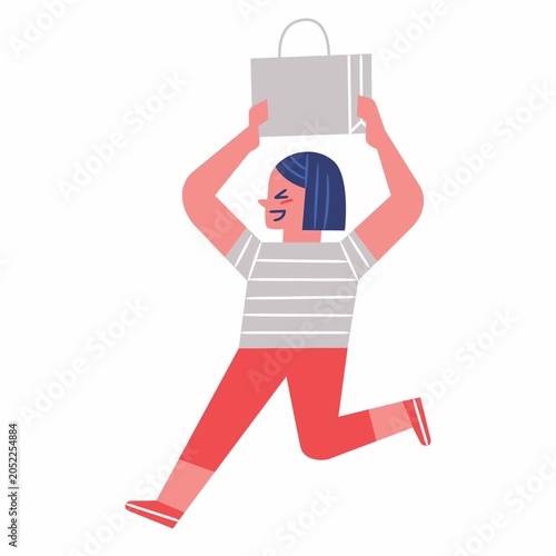 Animated girl leaping with a shopping bag in celebration, expressing happiness, excitement and enjoyment from a successful shopping experience