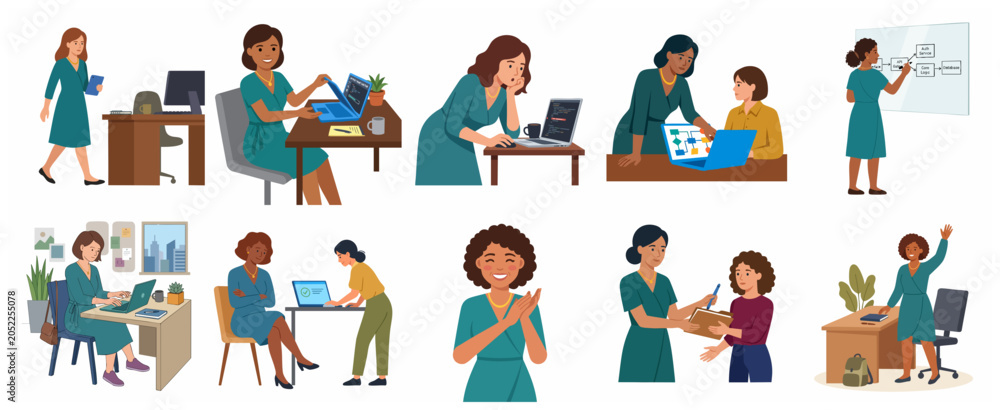 Fototapeta premium Diverse Women Software Developers and Engineers Working in Modern Office Environment Flat Vector Illustration Set