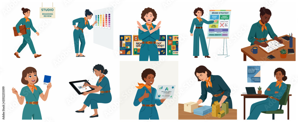 Fototapeta premium Diverse Female Creative Professionals Character Set for Branding Agency, Graphic Design Studio, and Corporate Identity Projects