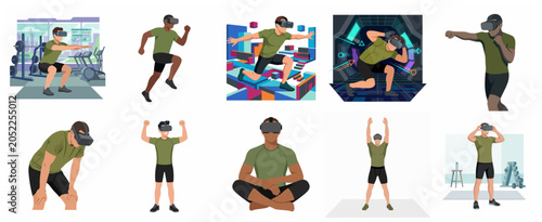 Men exercising in virtual reality VR fitness and workout illustration set