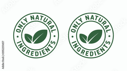 Only natural ingredients round badge with green leaf symbol on transparent background