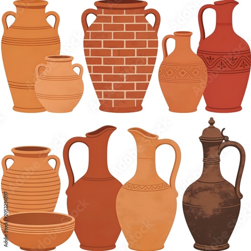 Collection of traditional rural Albanian terracotta pottery vessels flat vector icons