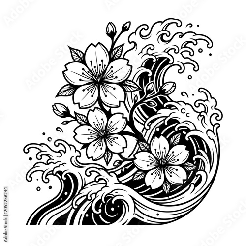 Cherry blossom wave tattoo art illustration