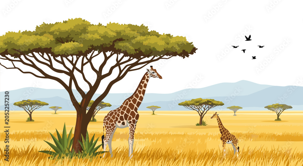 Fototapeta premium African Safari Landscape Vector Illustration Featuring Giraffes Standing Near An Acacia Tree In The Grassland Savanna Environment 47