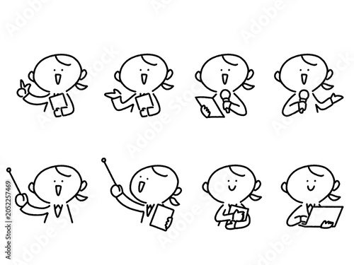 かわいい手描きのビジネス女性の白黒線画セット（プレゼンテーション・発表・説明・マイク）