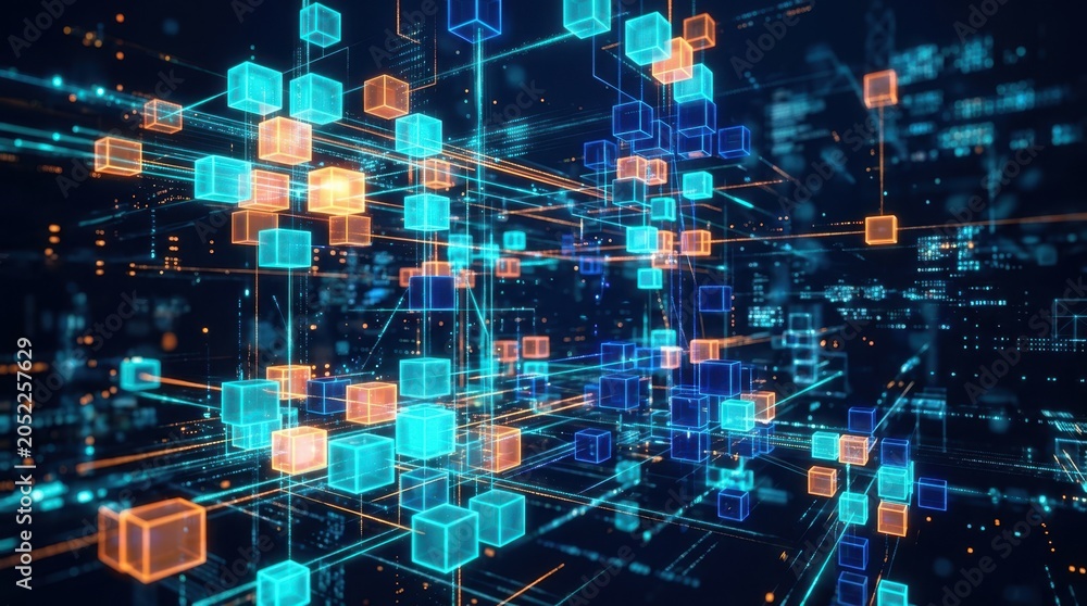 Fototapeta premium Abstract digital network of glowing cubes and lines on a dark background