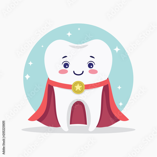 Cute Superhero Tooth Character with Red Cape and Star Badge