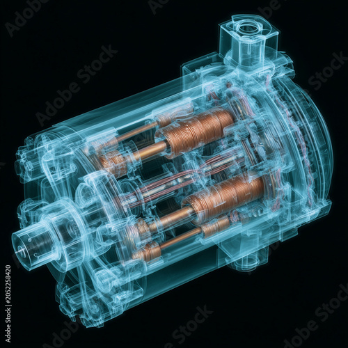 X-ray style transparent electric motor showing copper coil windings and internal parts.