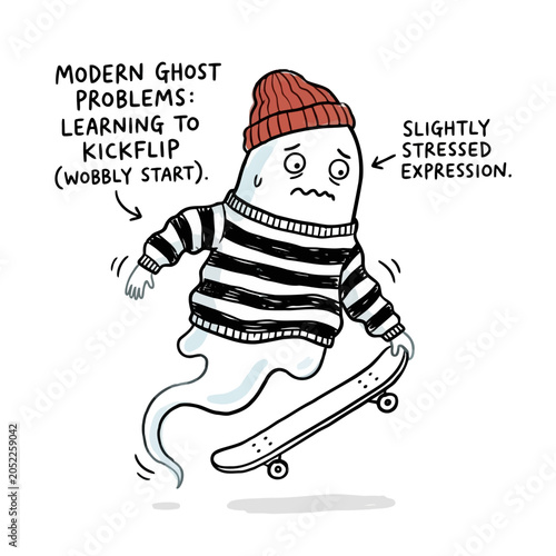 Εκτύπωση καμβά Stressed ghost character learning to perform a kickflip on skateboard with wobbly start