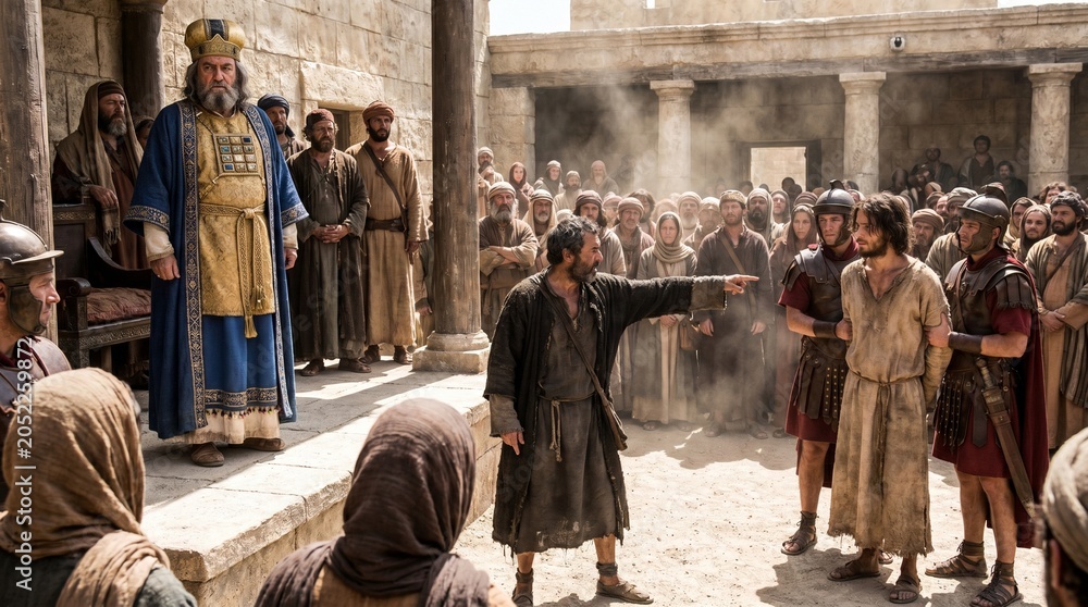 Fototapeta premium Jewish High Priest presides over a trial as an accuser points at an apostle held by Roman soldiers in a sunlit stone courtyard in a scene from the New Testament Book of Acts.