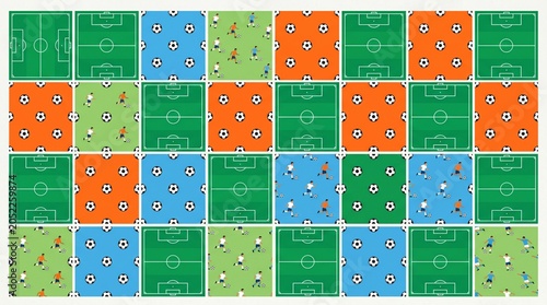 Soccer field pattern collection, colorful football pitch mosaic with balls and players, vibrant green orange and blue sports background for textile design