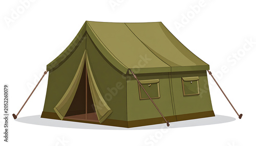 Green canvas camping tent with two windows and guy ropes pitched on grass, outdoor shelter for adventure and travel