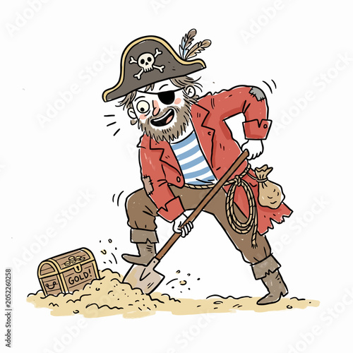 Tableau sur toile Cartoon illustration of a bearded pirate digging for gold treasure with a shovel on a beach