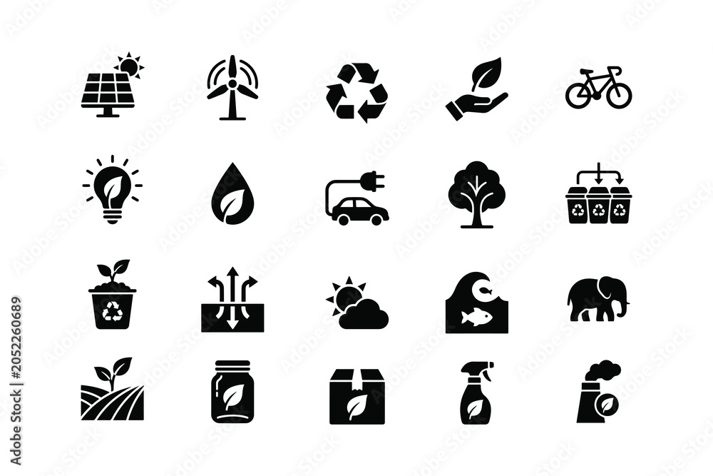 Fototapeta premium Sustainable Environment and Green Energy Glyph Icon Collection
