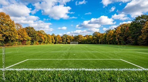 Soccer field with green grass and white lines, football pitch surrounded by autumn trees, professional sports stadium landscape under blue sky