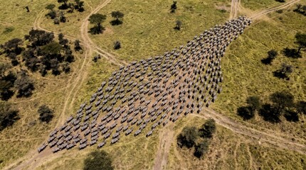 Aerial view of elephant herd migrating across savanna, massive group of elephants walking on grassy plains, wildlife safari drone photography