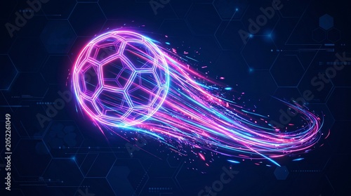 Futuristic neon soccer ball with glowing light trails, digital sports motion concept in pink and blue, high-tech athletic competition background