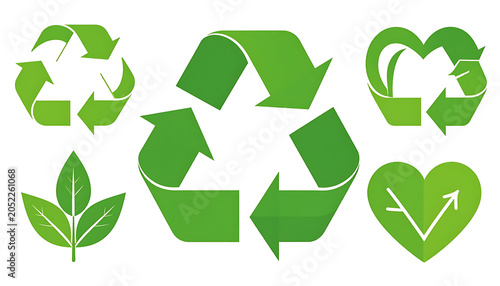 Green recycling symbols and icons including a heart shape with arrows and leaves, representing environmental protection and sustainability