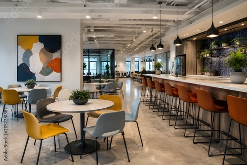 Modern Open Concept Office Lunchroom With Abstract Art Colorful Chairs And Long Breakfast Bar Counter